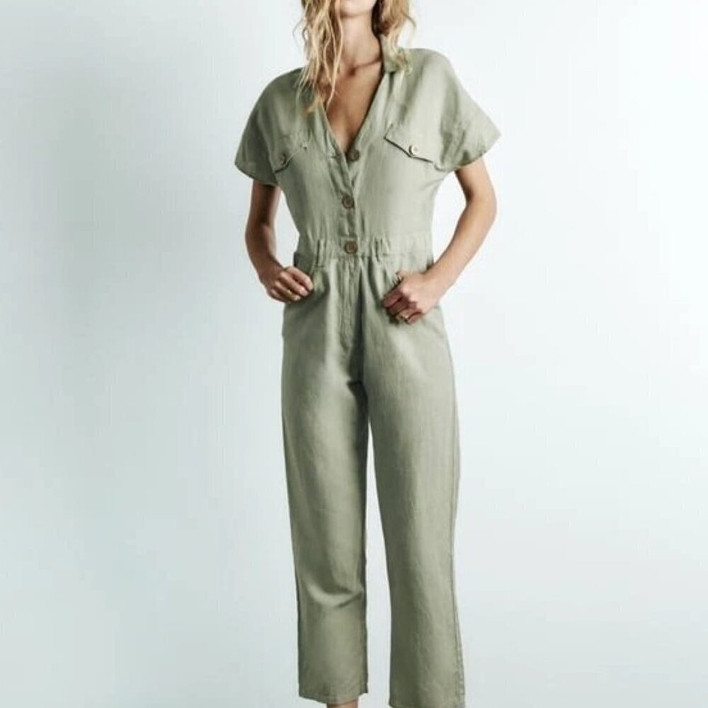 ZARA Green Khaki Linen Blend Short Sleeve Jumpsuit  SIZE S 8200/708/506 - Picture 2 of 9